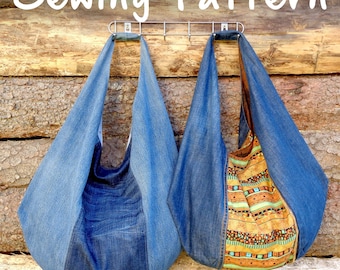 Sewing e-pattern to make large hobo bag, slouchy shoulder bag DIY, printable PDF pattern step by step instructions, photo tutorial download