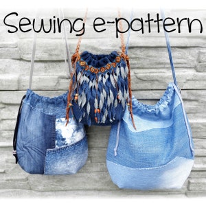 Sewing e-pattern, slouchy hippie bag DIY, draw-string shoulder bucket bag PDF pattern for beginners, easy instructions download and print
