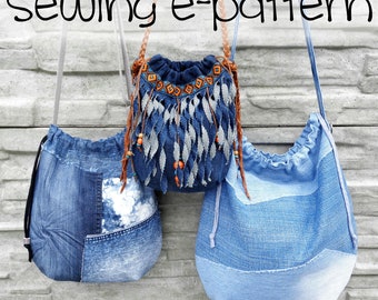 Sewing e-pattern, slouchy hippie bag DIY, draw-string shoulder bucket bag PDF pattern for beginners, easy instructions download and print