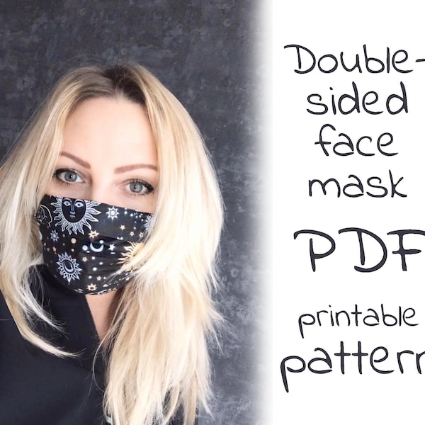 Reversible facemask PDF pattern and instructions for beginners, printable three sizes, easy photo tutorial download