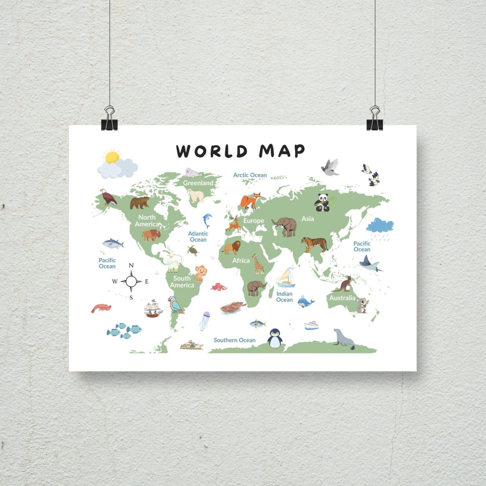 Kids World Map Poster – Animals, Educational Nursery Art (digital ...