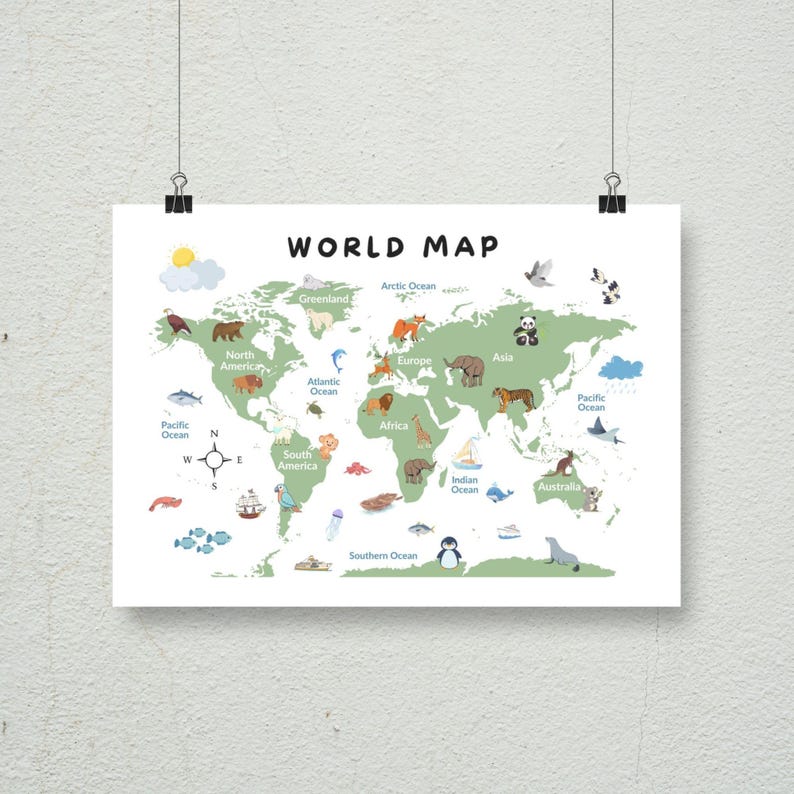 Kids World Map Poster – Animals, Educational Nursery Art (digital ...
