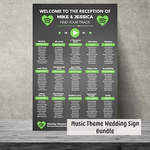 May include: A black and green wedding sign with the text "WELCOME TO THE RECEPTION OF MIKE & JESSICA" and "FIND YOUR TRACK". The sign includes song titles and artist names, with a Spotify logo. The words "Music Theme Wedding Sign Bundle" are at the bottom.