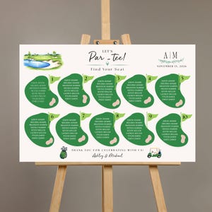 May include: A white wedding seating chart sign featuring a golf theme with the text Let's Par-tee! Find Your Seat, A|M, November 15, 2026, and Ashley & Michael. It displays ten green golf green shapes with flags numbered one through ten and guest names.