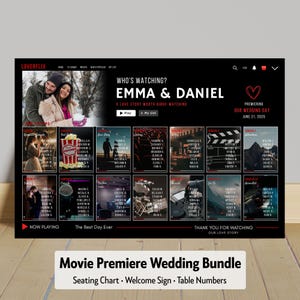 Könnte beinhalten: Ein schwarzes Hochzeitsbundle zum Thema Film mit dem Text "EMMA & DANIEL" und "OUR WEDDING DAY JUNE 21, 2025". Das Design umfasst einen Sitzplan, ein Willkommensschild und Tischnummern. Die Worte "Movie Premiere Wedding Bundle" sind ebenfalls sichtbar.