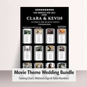 Peut inclure: Un ensemble de mariage sur le thème du cinéma en noir et blanc, comprenant un plan de table, un panneau de bienvenue et des numéros de table. Le design présente les noms "Clara & Kevin" et le hashtag "#TheClaraKevinStory". Le texte est en blanc.