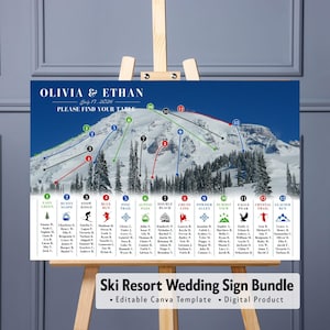 Op de afbeelding: Een rechthoekig bruiloftstafelplanbord met een besneeuwd berglandschap met dertien genummerde skipistes. De tekst luidt OLIVIA & ETHAN, 17 juli 2026, PLEASE FIND YOUR TABLE en bevat een lijst met dertien namen van skithema-tafels.