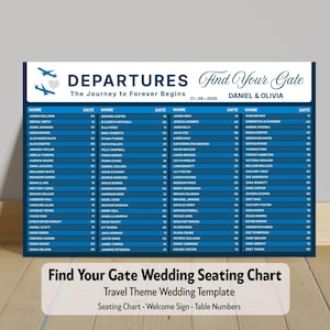 May include: A blue wedding seating chart with a travel theme. It features guest names, gate numbers, and the text "Find Your Gate." The date is displayed as 21-09-2026. The bottom text reads "Find Your Gate Wedding Seating Chart."
