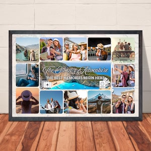 Pode incluir: Uma colagem emoldurada com fotos de viagens. O texto central diz "The Owen's Adventure, The Best Memories Begin Here." As fotos mostram várias cenas de viagem, incluindo paisagens e pessoas. A moldura é escura e o fundo é um mapa.