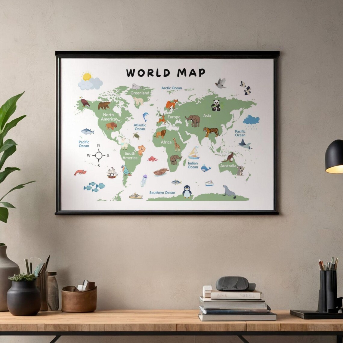 Kids World Map Poster – Animals, Educational Nursery Art (digital ...