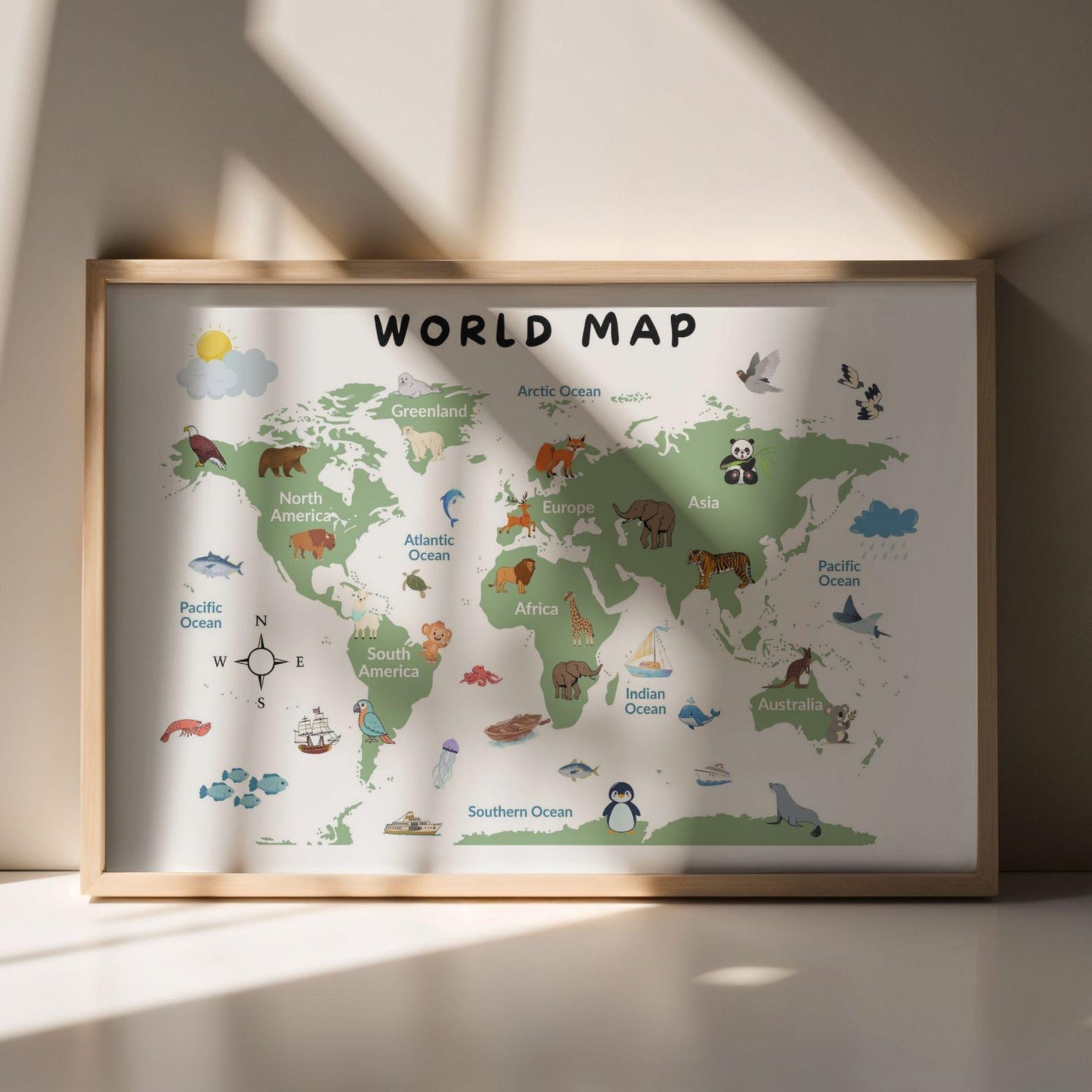 Kids World Map Poster – Animals, Educational Nursery Art (digital ...