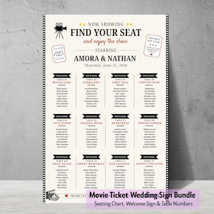 Paquete de letreros de boda con diseño de entradas de cine / Plantilla editable de Canva para plano de asientos, letrero de bienvenida y números de mesa