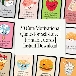 Cartões de Afirmação Alimentar Kawaii – 50 Citações Motivacionais Fofas para Amor-Próprio | Cartões para Imprimir | Download Instantâneo