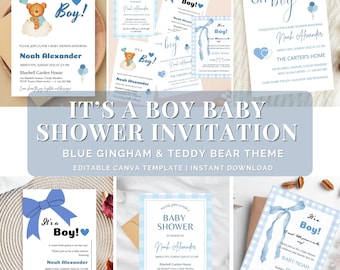 Editable It’s a Boy Baby Shower Invitation Template | Blue Gingham Teddy Bear| Canva Invite Set