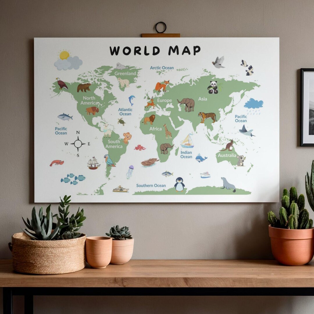 Kids World Map Poster – Animals, Educational Nursery Art (digital ...