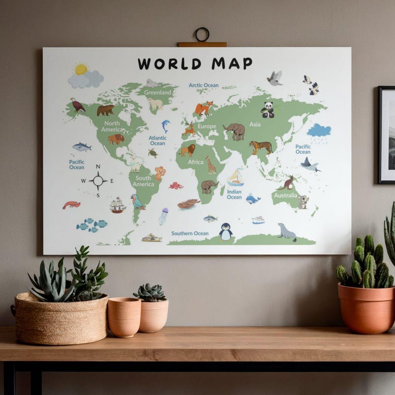 Kids World Map Poster – Animals, Educational Nursery Art (digital ...