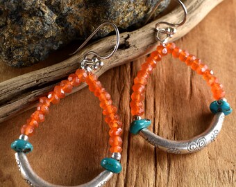 Orange Carnelian Sterling Silver Boho Hoop Loop Earrings: Hill Tribe Faceted Gemstone