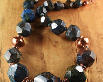 Chunky Blue Jasper Faceted Nugget Boho Necklace: Rustic Copper Tribal Jewelry