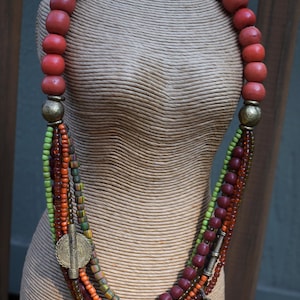 African Style Multi-Strand Necklace, Vintage Olumbo, Trade Beads, Red, Green, Brass, Tribal Jewelry
