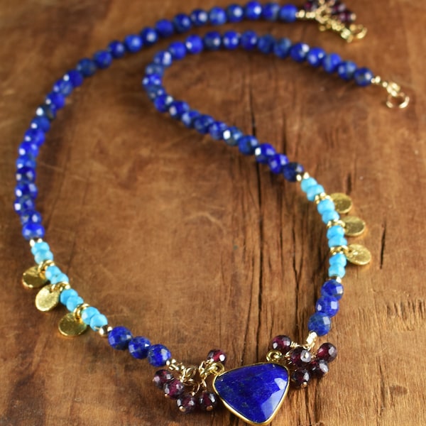Lapis Lazuli Choker, Turquoise, Garnet, Gold Vermeil, Blue, Boho Southwestern, Tribal Jewelry