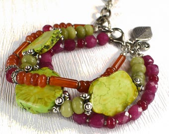 Chunky Green Magnesite Jade Carnelian Pewter Boho Style Three Strand Bracelet: Orange Pink