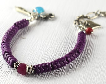 Orchid Purple Beaded Interlocking Snake Bead Pewter Bracelet: Faceted Jade Cube