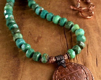 Chrysoprase Necklace, Artisan Copper Pendant, Green, Boho Southwestern, Tribal Jewelry