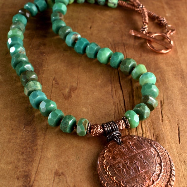 Chrysoprase Necklace, Artisan Copper Pendant, Green, Boho Southwestern, Tribal Jewelry