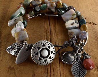 Ocean Jasper Three Strand Green Gold Boho Tribal Bracelet: Artisan Silver Pewter Charms