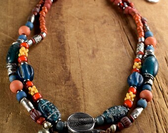 Tribal Two Strand Necklace, Zia Sun, African Trade Beads, Inviciti, Aged Glass, Bright Colors