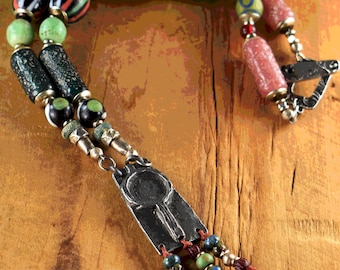Artisan Pewter Tribal Pendant Indonesian Aged Glass Necklace: Primitive Ethnic Handmade Beads