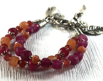 Fuchsia Faceted Jade Pewter Boho Style Two Strand Bracelet: Kaleidoscope Orange Pink