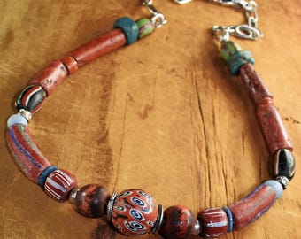 Chunky Red Java African Tribal Style Necklace: Vintage Venetian Beads Primitive Bauxite