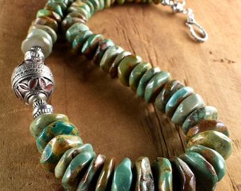 Chunky Turquoise Necklace, Natural Blue, Sterling Silver, Rustic, Berber, Southwestern, Tribal Jewelry