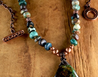 Chrysocolla Pendant Necklace, Blue Fynchenite, Rustic Copper,  Green, Tribal Jewelry