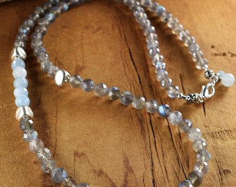 Faceted Labradorite Aquamarine Sterling Silver Boho Necklace: Hill Tribe Hammered Triangle Beads