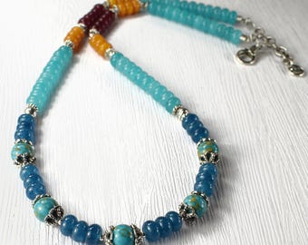 Yellow Matrix Turquoise Jade Pewter Color Block Boho Necklace: Blue Red Orange