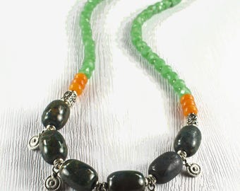 Chunky Agate Faceted Jade Cube Pewter Dangle Boho Necklace: Green Gold Orange