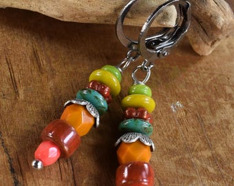 Red Multi Color Czech Glass Stack Boho Style Earrings: Yellow Orange Green