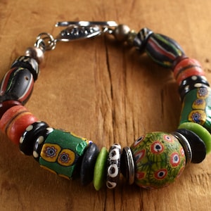 Jatim Bead Bracelet, Green, Vintage Venetian, Tribal Bracelet, African Trade Bead, Batik Bone, African Jewelry