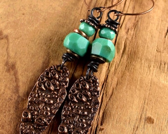Green Chrysoprase Artisan Boho Copper Earrings: Knobby Long Oval Charms