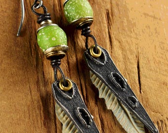 Pewter Dagger Earrings, Lime Green, Aged Glass, Handmade Pewter, Mixed Metals, Tribal Jewelry