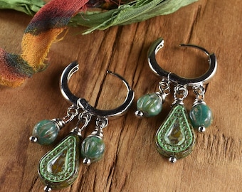 Green Czech Glass Boho Silver Small Hoop  Earrings: Picasso Horseshoe Drops