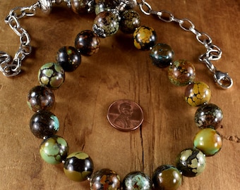 Rare Rustic Turquoise Boho Southwestern Necklace: Sterling Silver Accents