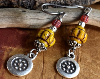 Tribal Pewter Yellow Czech Glass Boho Style Earrings: Red Rustic Boheme
