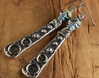 Lampwork Earrings, Long, Paddle, Pewter, Baby Blue, Neutral, Silver, Wrapped, Tribal Jewelry