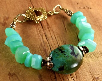 Green Chrysoprase Turquoise Nugget Focal Boho Bracelet: Artisan Bronze Findings
