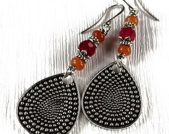 Large Teardrop Red Orange Jade Boho Style Pewter Earrings: Knobby Charms