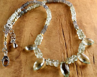 Green Amethyst Gray Labradorite Marquise Boho Necklace: Sterling Silver Gold Vermeil