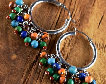 Sterling Silver Hoop Earrings, Multi-Color, Orange, Green, Blue, Southwestern, Rustic